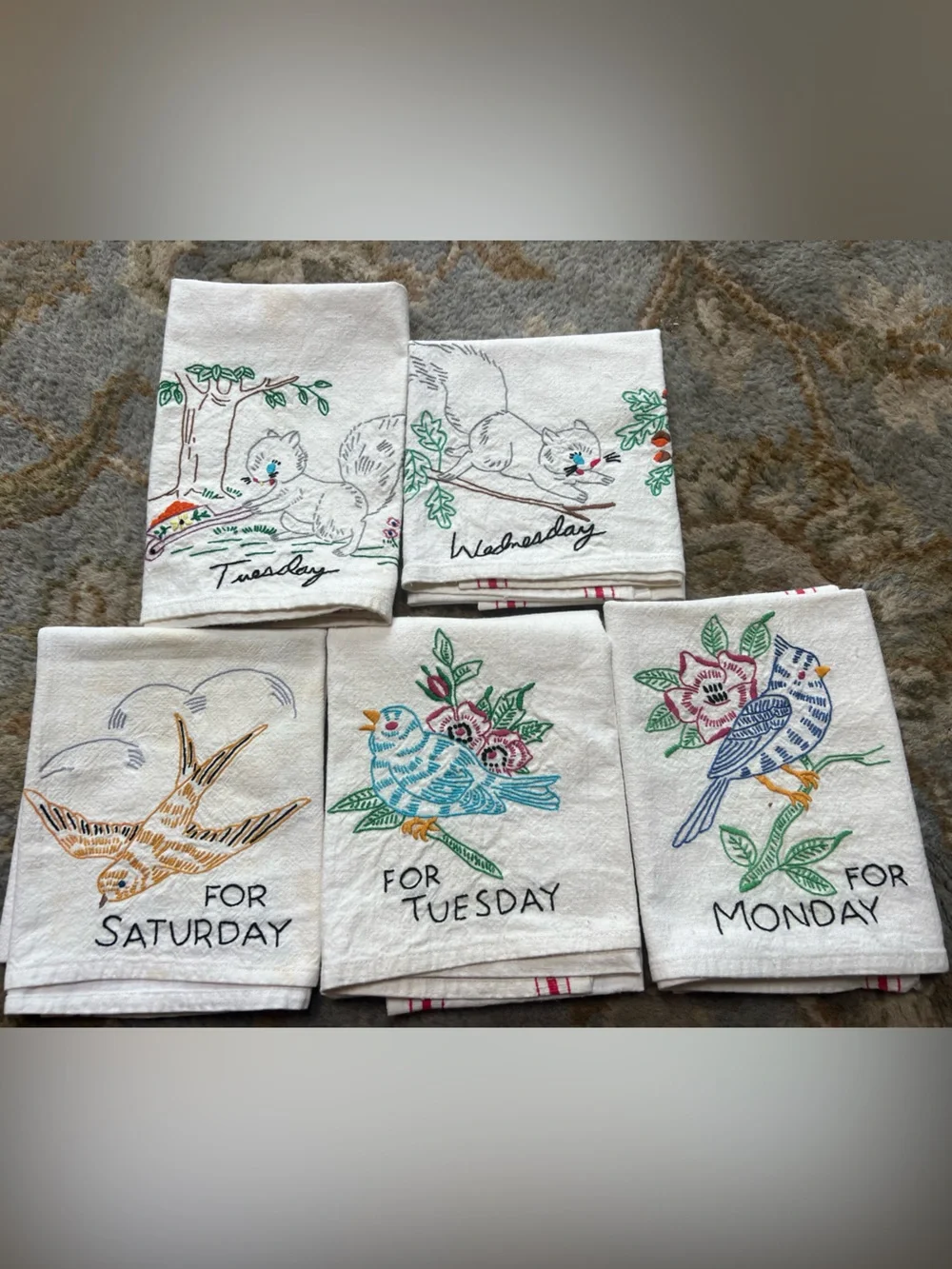 Embroidered Day-of-Week Kitchen Towels - Bird & Squirrel Motifs, White